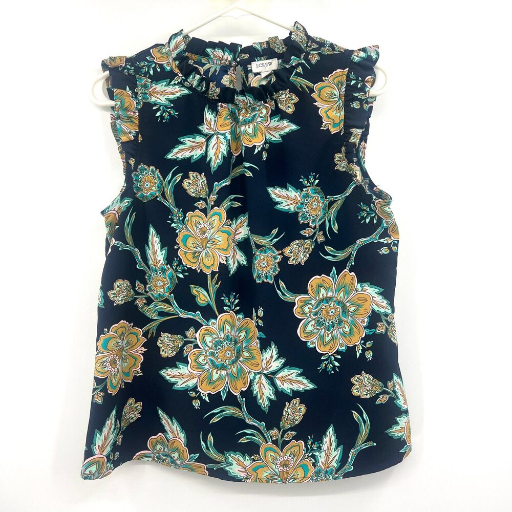J.Crew Navy Floral Ruffle Neck Sleeveless Blouse Top Womens Size S Boho